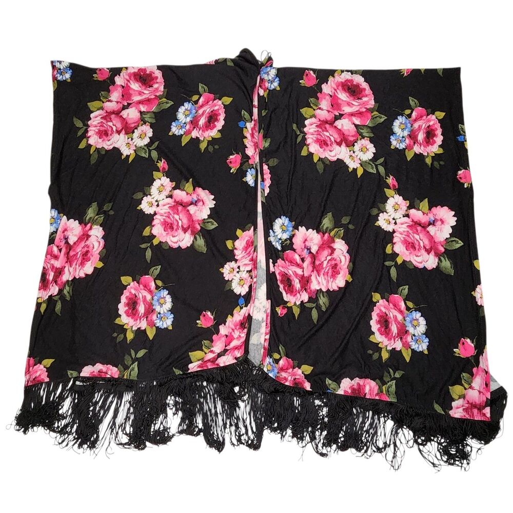 Sweet Rain Open Front Cardigan Womens M Boho Fringe Floral Kimono Black Pink - Picture 2 of 10